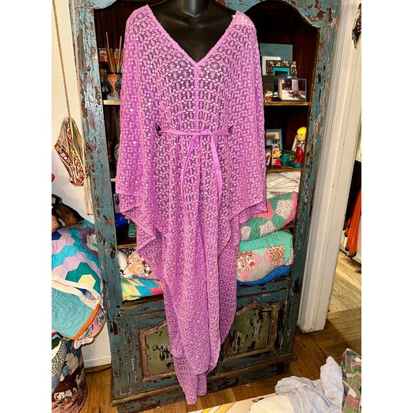 NWT SUNDRESS HELENE LAVENDER LILAC CROCHET SEQUINS CAFTAN KAFTAN f - Picture 3 of 12